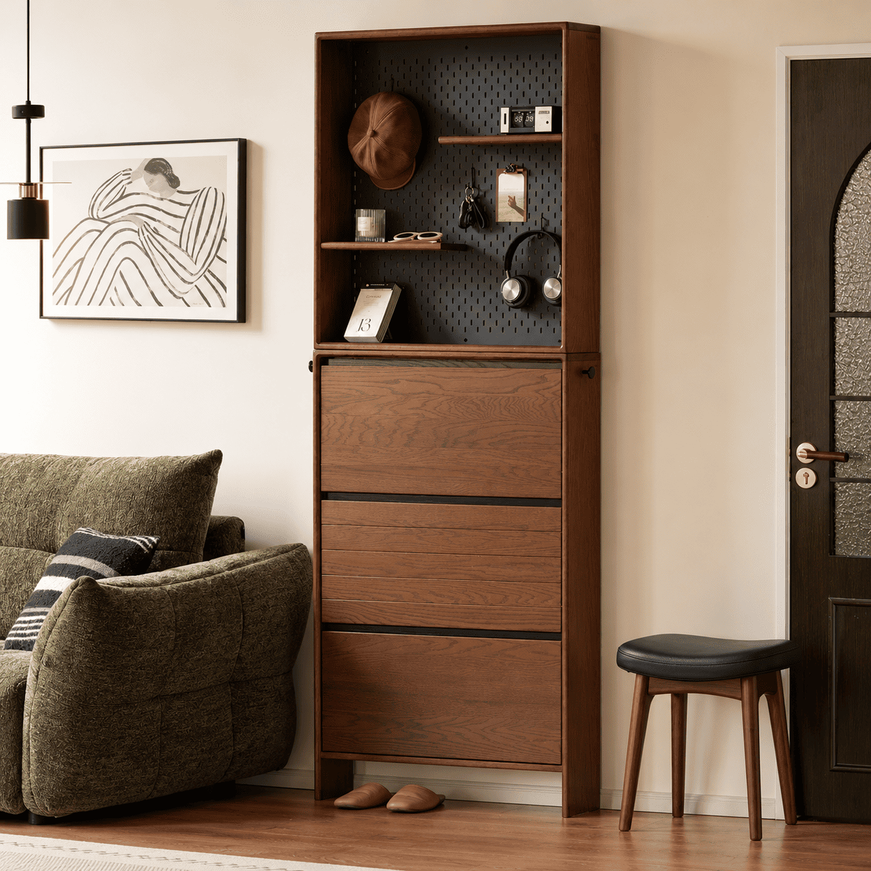 Lowell Solid Oak Shoe Cabinet in Walnut Colour