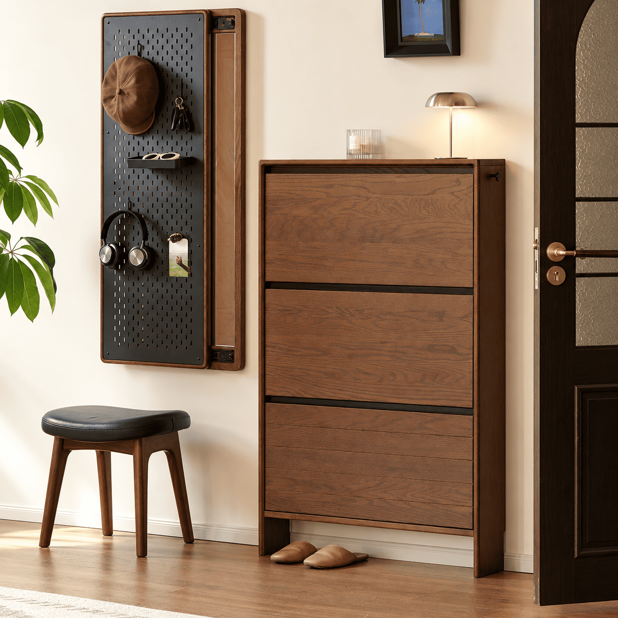 Lowell Solid Oak Shoe Cabinet in Walnut Colour