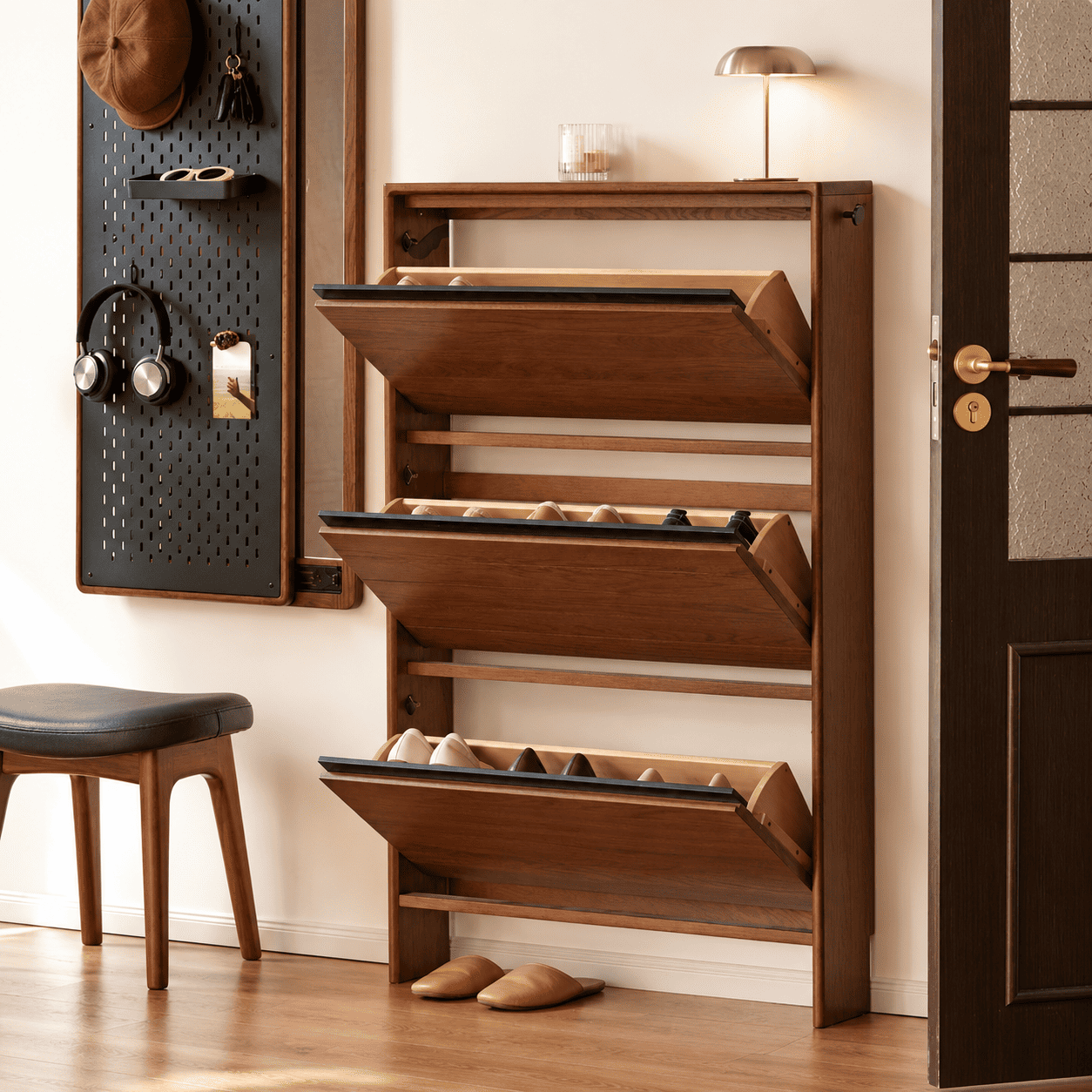 Lowell Solid Oak Shoe Cabinet in Walnut Colour
