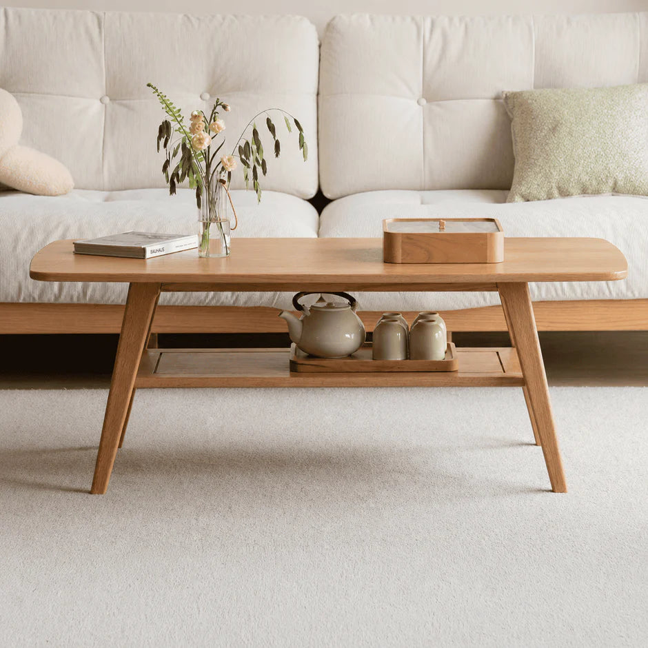 Lubin Natural Solid Oak Coffee Table with Shelf