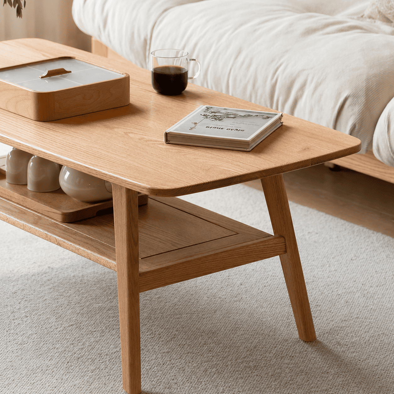 Lubin Natural Solid Oak Coffee Table with Shelf