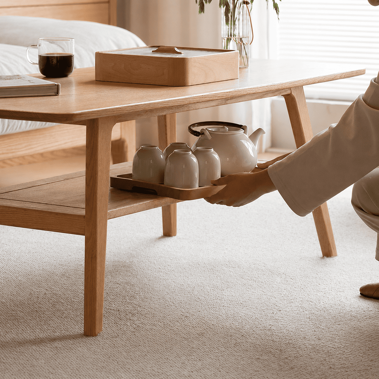 Lubin Natural Solid Oak Coffee Table with Shelf