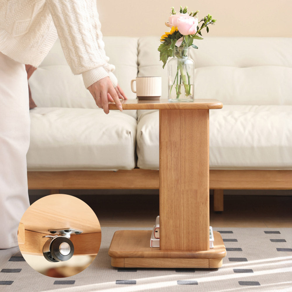 Mantinos Solid Rubber Wood C-Shape Side Table with Caster Wheels