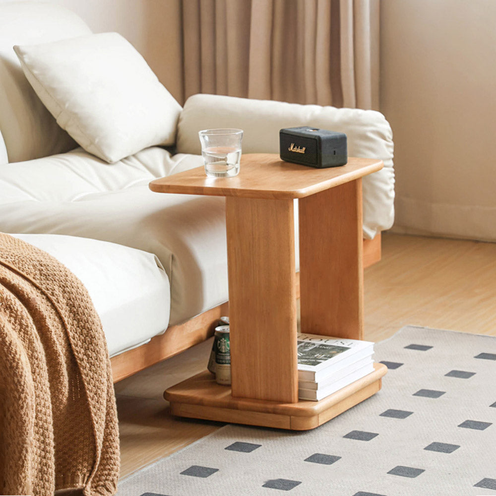 Mantinos Solid Rubber Wood C-Shape Side Table with Caster Wheels