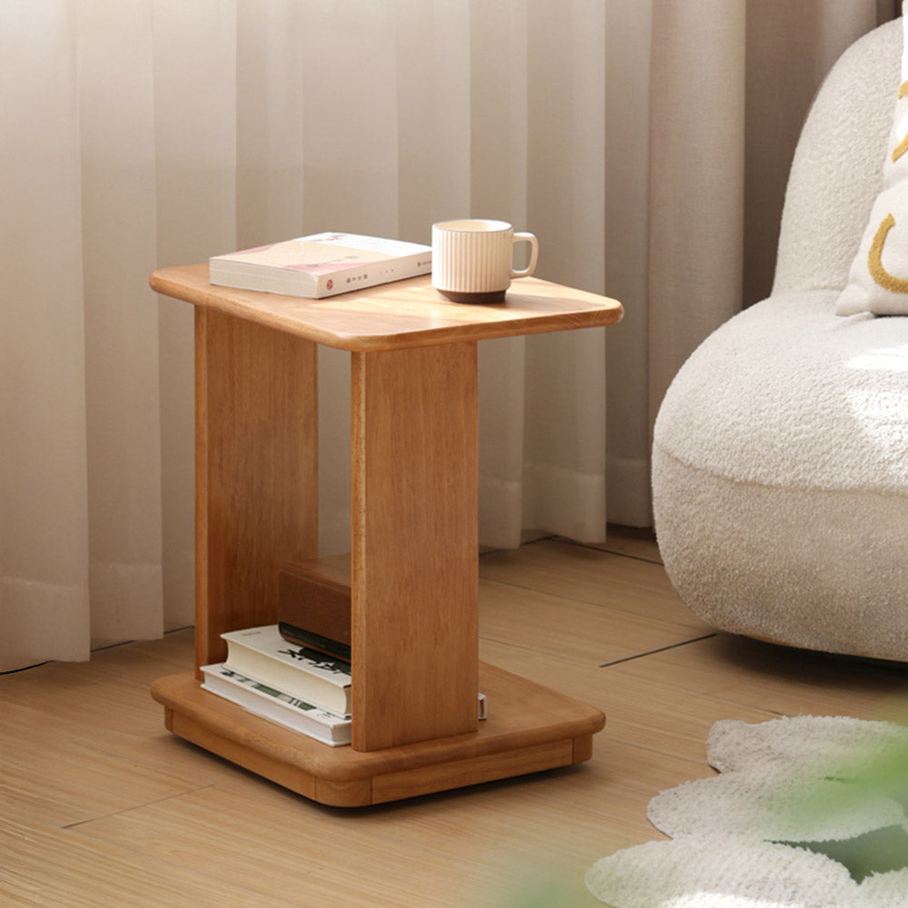 Mantinos Solid Rubber Wood C-Shape Side Table with Caster Wheels