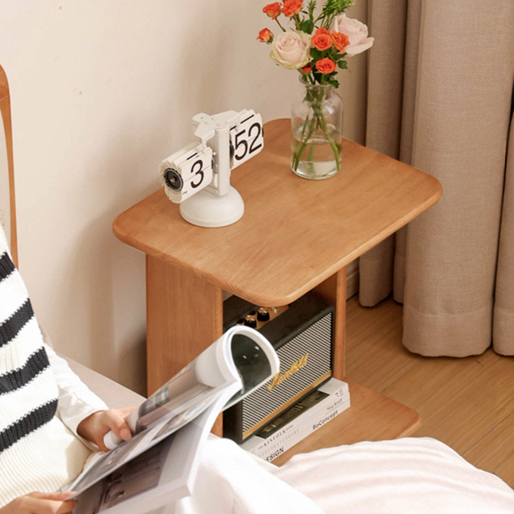 Mantinos Solid Rubber Wood C-Shape Side Table with Caster Wheels