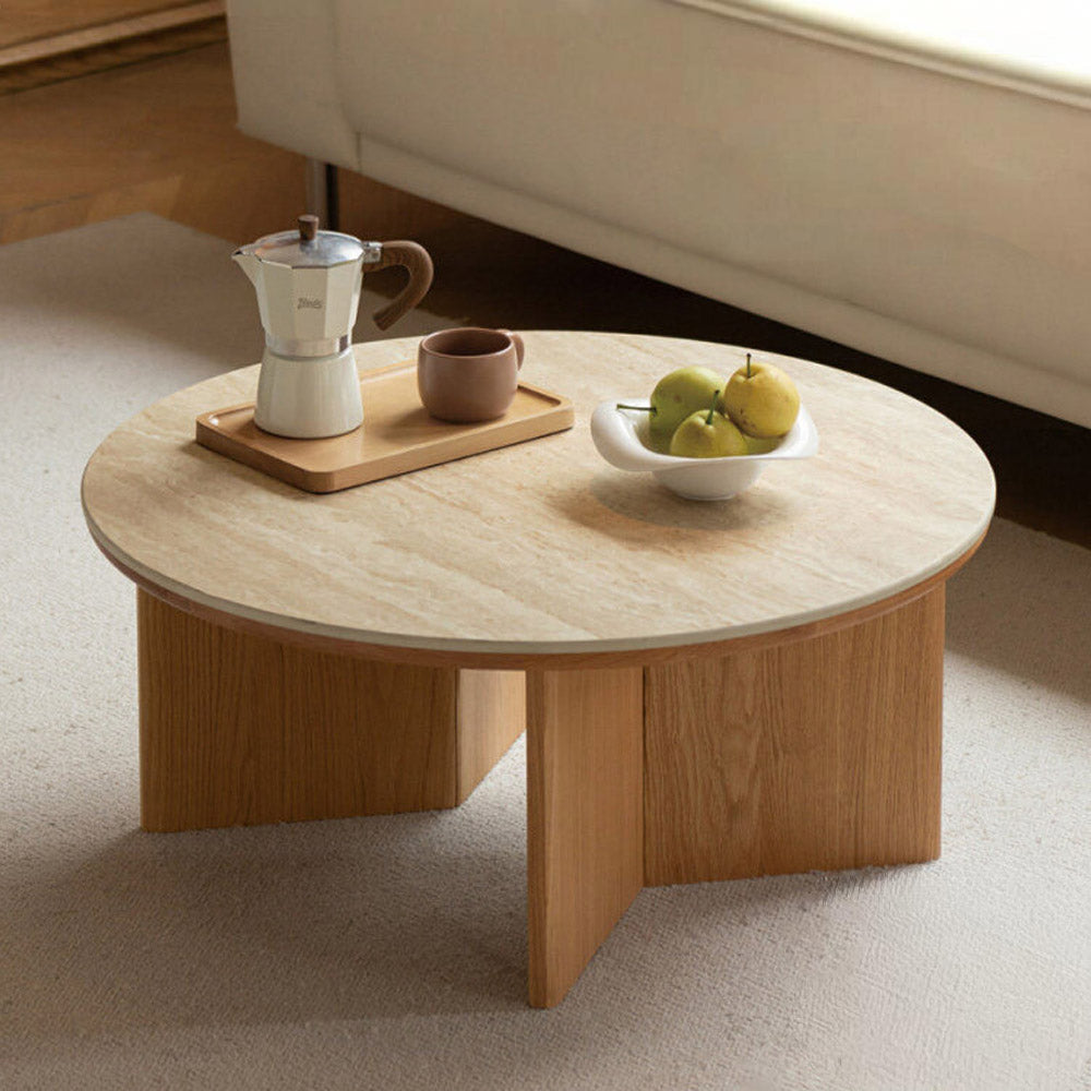 Mirto Natural Solid Oak Coffee Table with Travertine Top