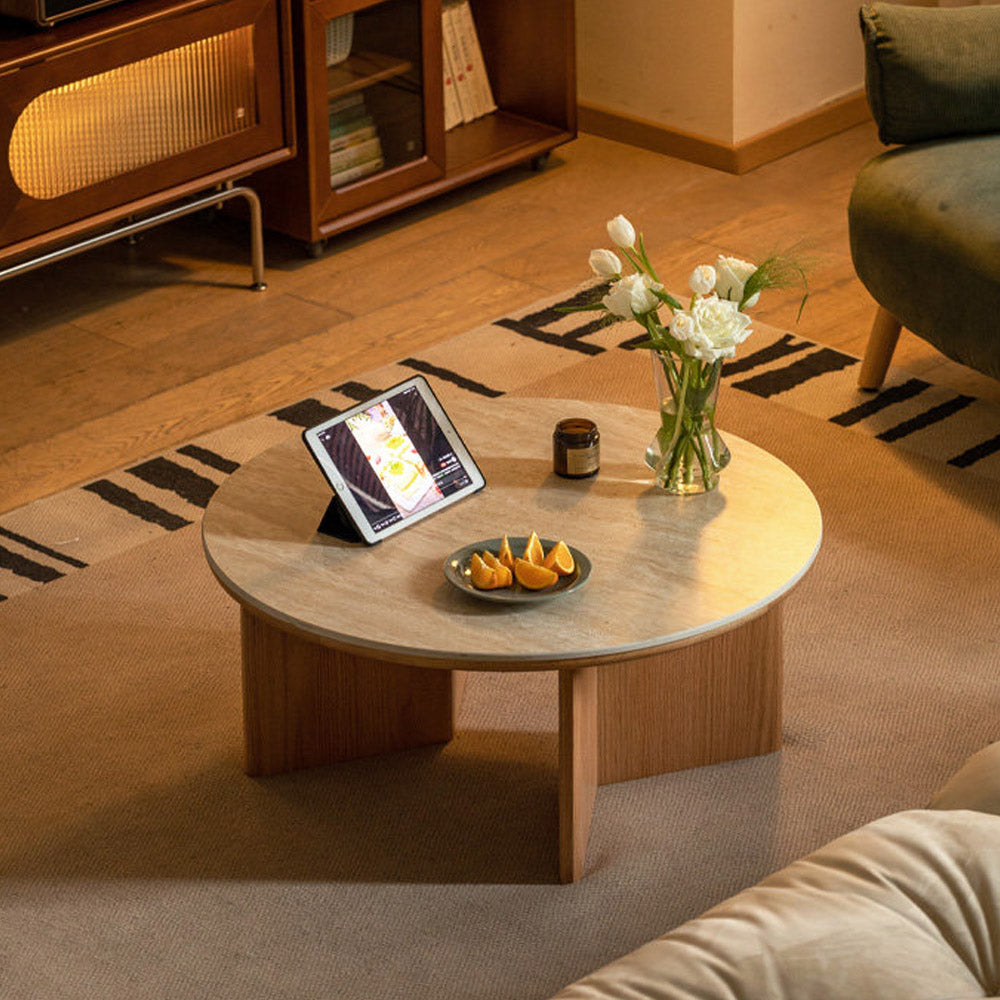 Mirto Natural Solid Oak Coffee Table with Travertine Top