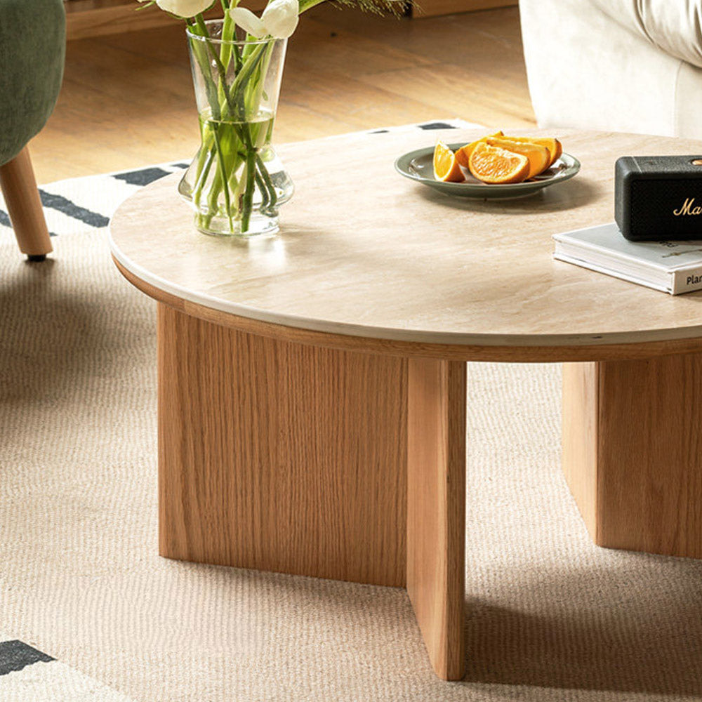 Mirto Natural Solid Oak Coffee Table with Travertine Top