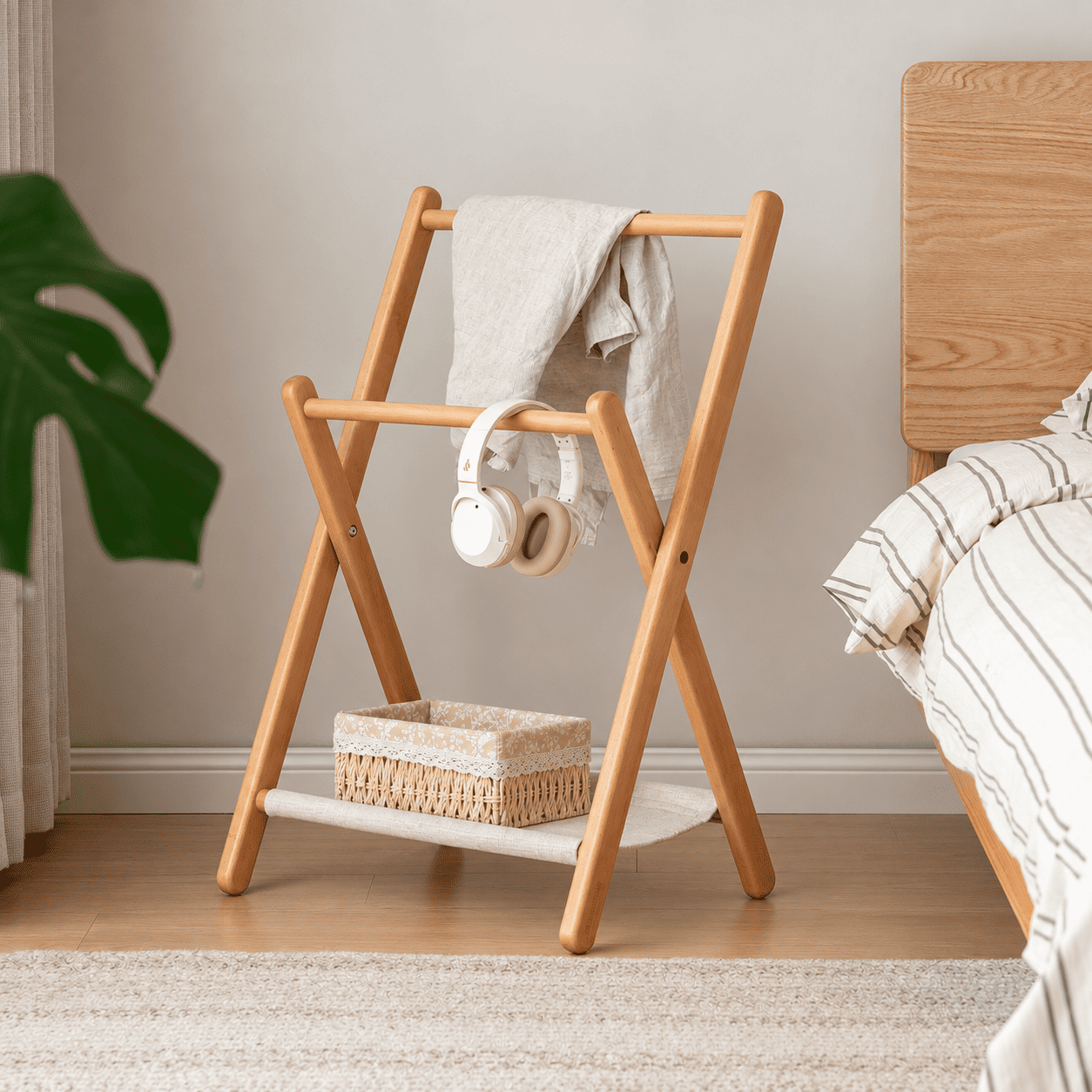 Naila natural solid beech coat rack with hanging towel, headphones and storage basket