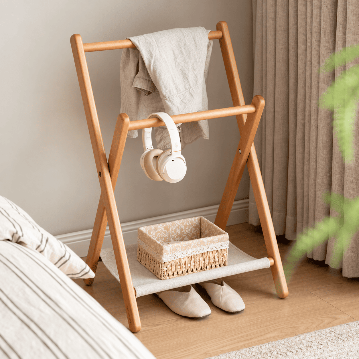 Naila natural beech folding coat rack with towel, headphones, basket and slippers