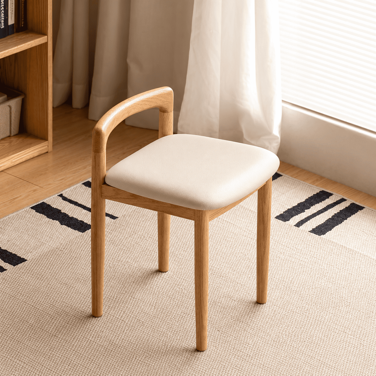Nampa natural solid oak dressing stool with cream cushioned seat and rounded backrest in a warm bedroom setting
