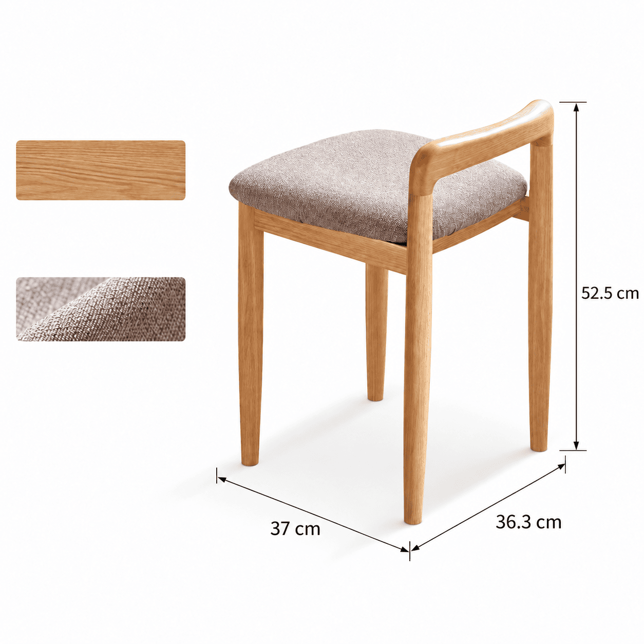 Nampa cream cushioned solid oak dressing stool dimension image showing 52.5cm height, 37cm depth and 36.3cm width