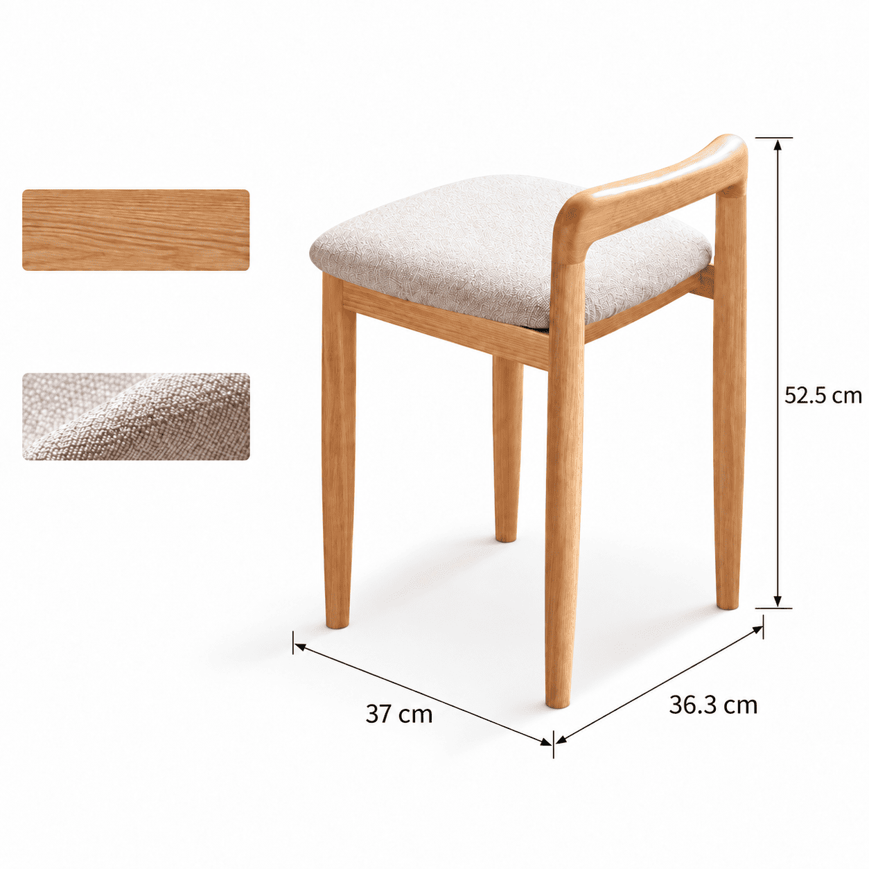 Nampa grey cushioned solid oak dressing stool dimension image showing 52.5cm height, 37cm depth and 36.3cm width