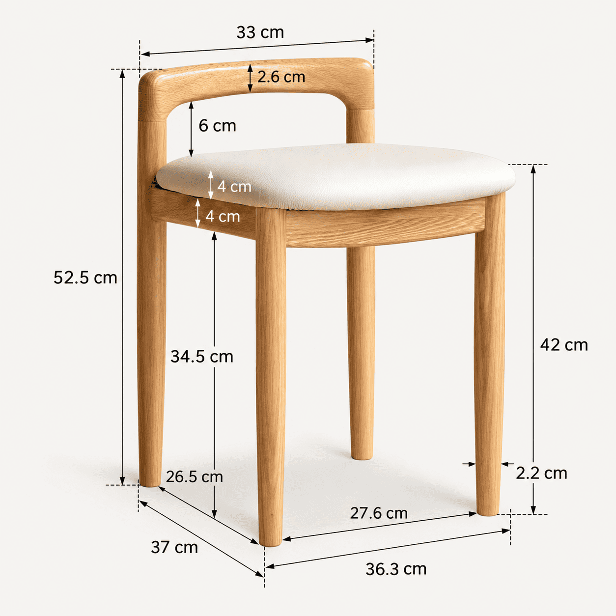 Nampa natural solid oak dressing stool detailed dimension image showing seat, backrest and leg measurements