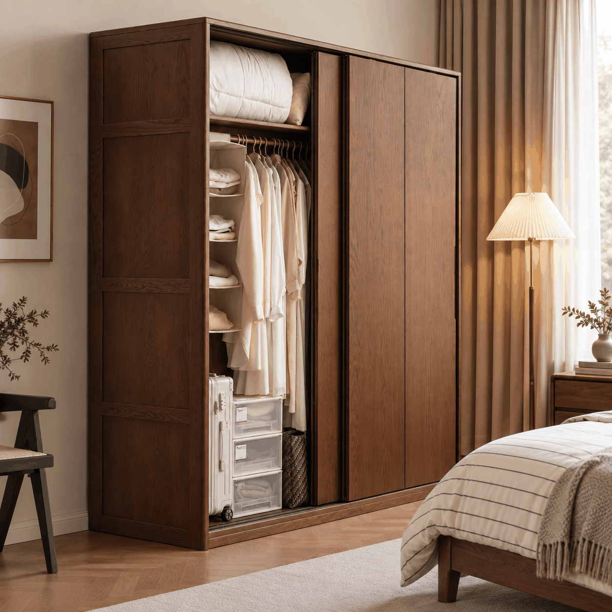 Neath walnut solid oak wardrobe with sliding doors and organised bedroom storage