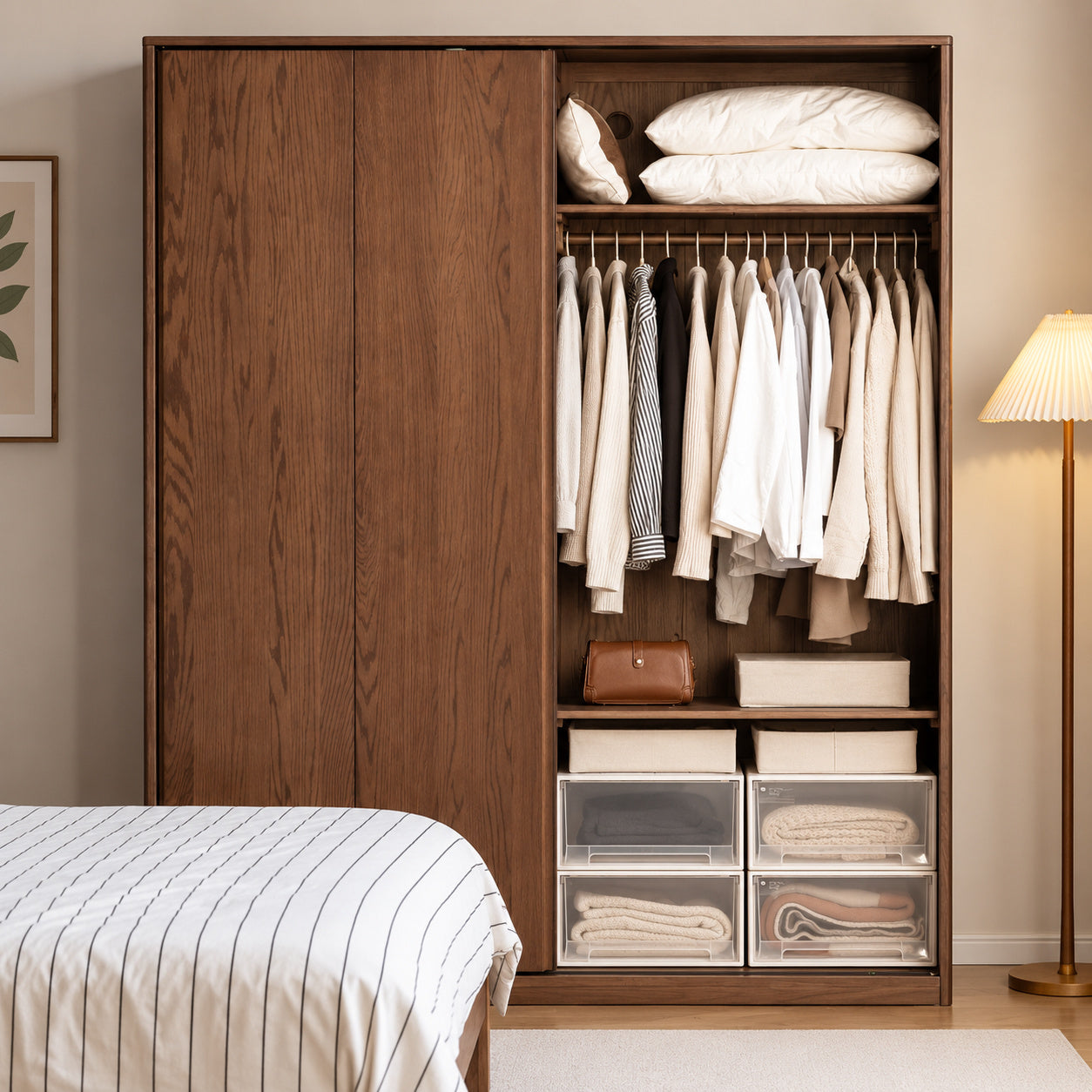 Neath solid oak wardrobe showing open hanging rail, shelves and storage boxes