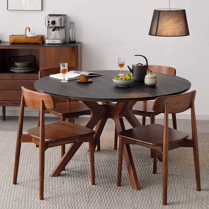 Nest Solid Walnut Round Dining Table with Ceramic Marble Top - Oak Furniture Store