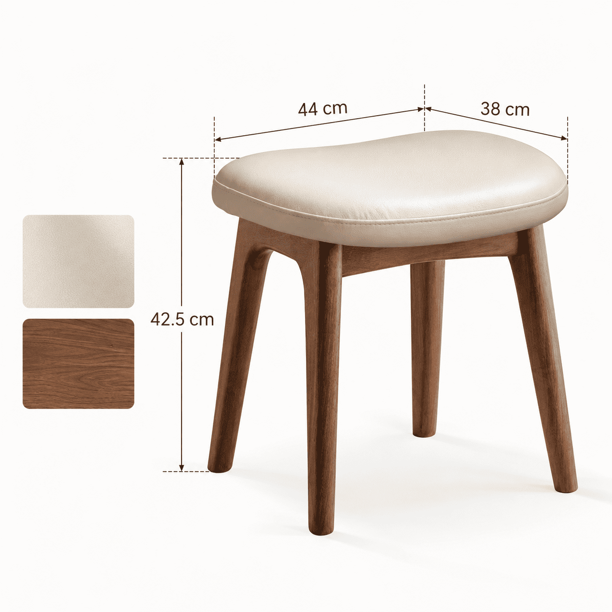 Norman cream upholstered solid walnut dressing stool dimension image showing 44cm width, 38cm depth and 42.5cm height