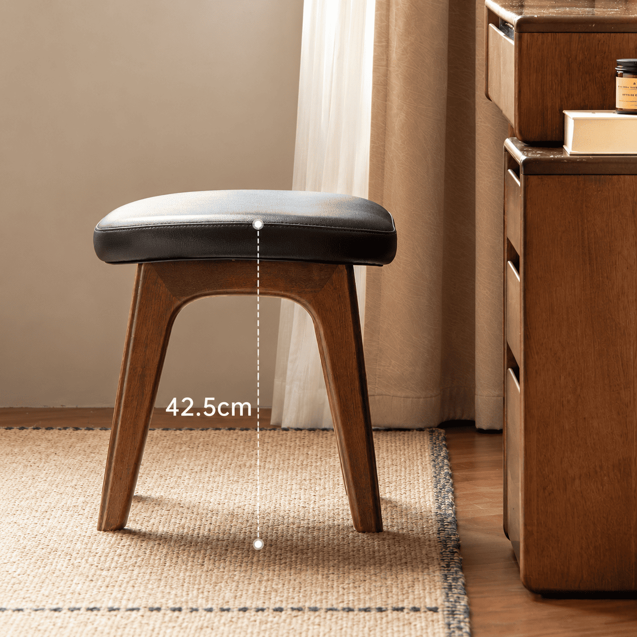 Norman solid walnut dressing stool dimension image showing 42.5cm seat height