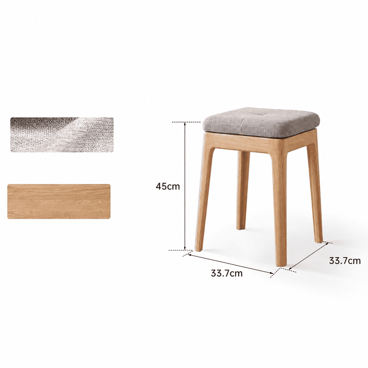 Light oak nesting stools with cushioned fabric seats for compact and versatile seating.