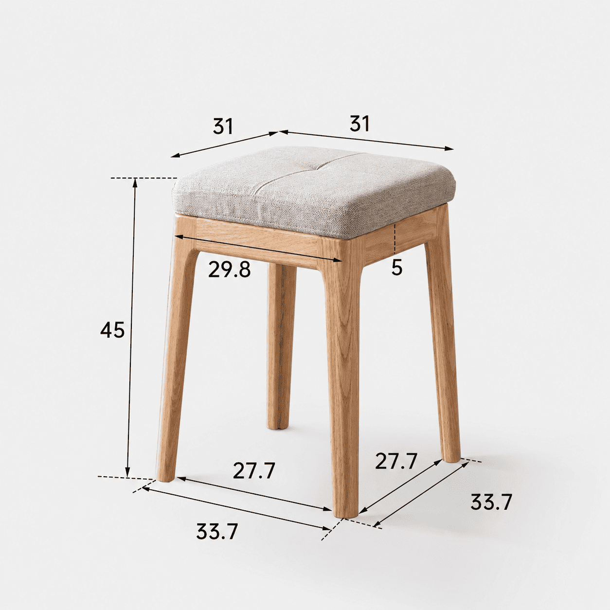 Scandinavian-style nesting stools in solid oak with soft fabric cushions and stackable storage.
