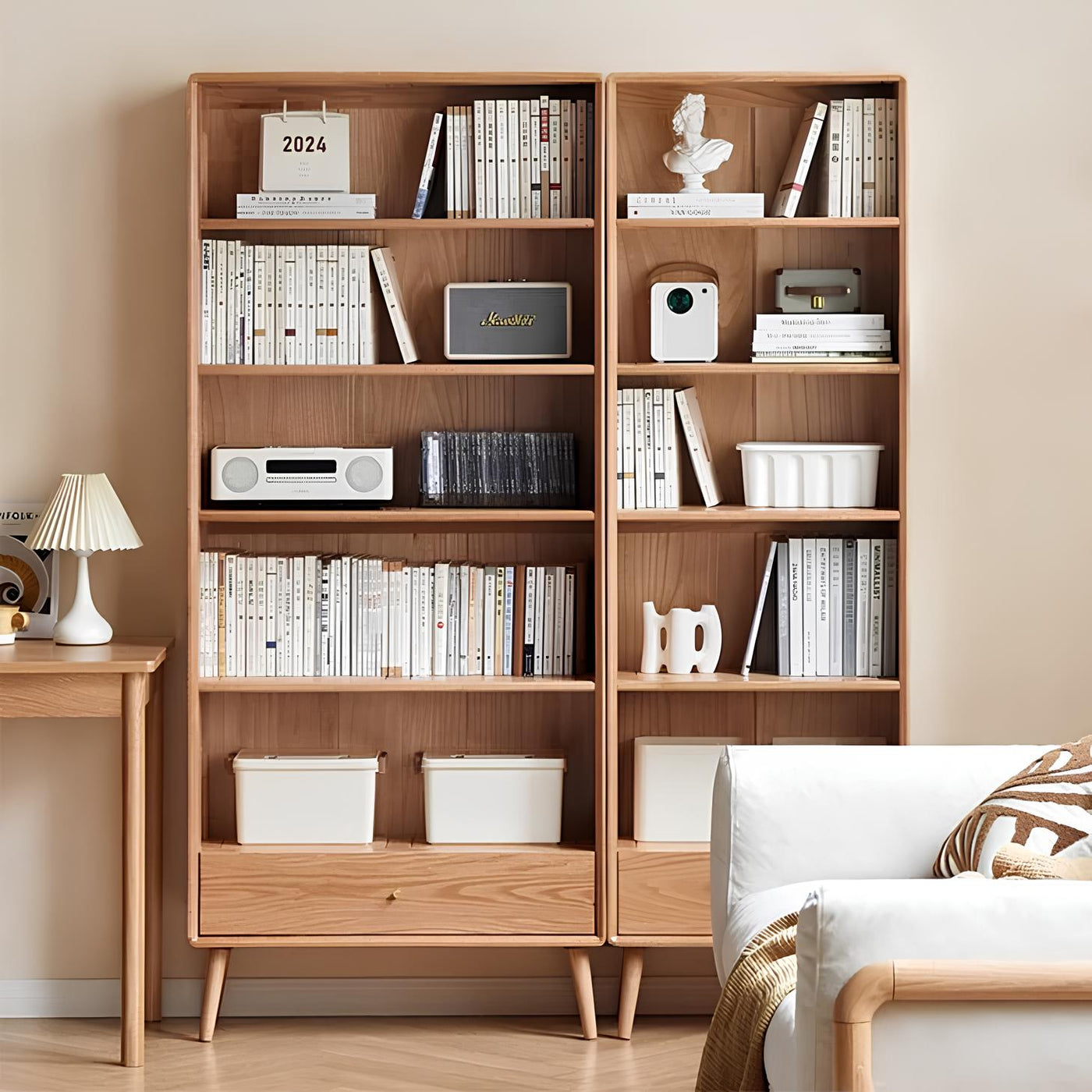 Wooden 4- Tier Display Organizing Cabinet, Tall Bookcase with Open Shelving- Walnut Oak