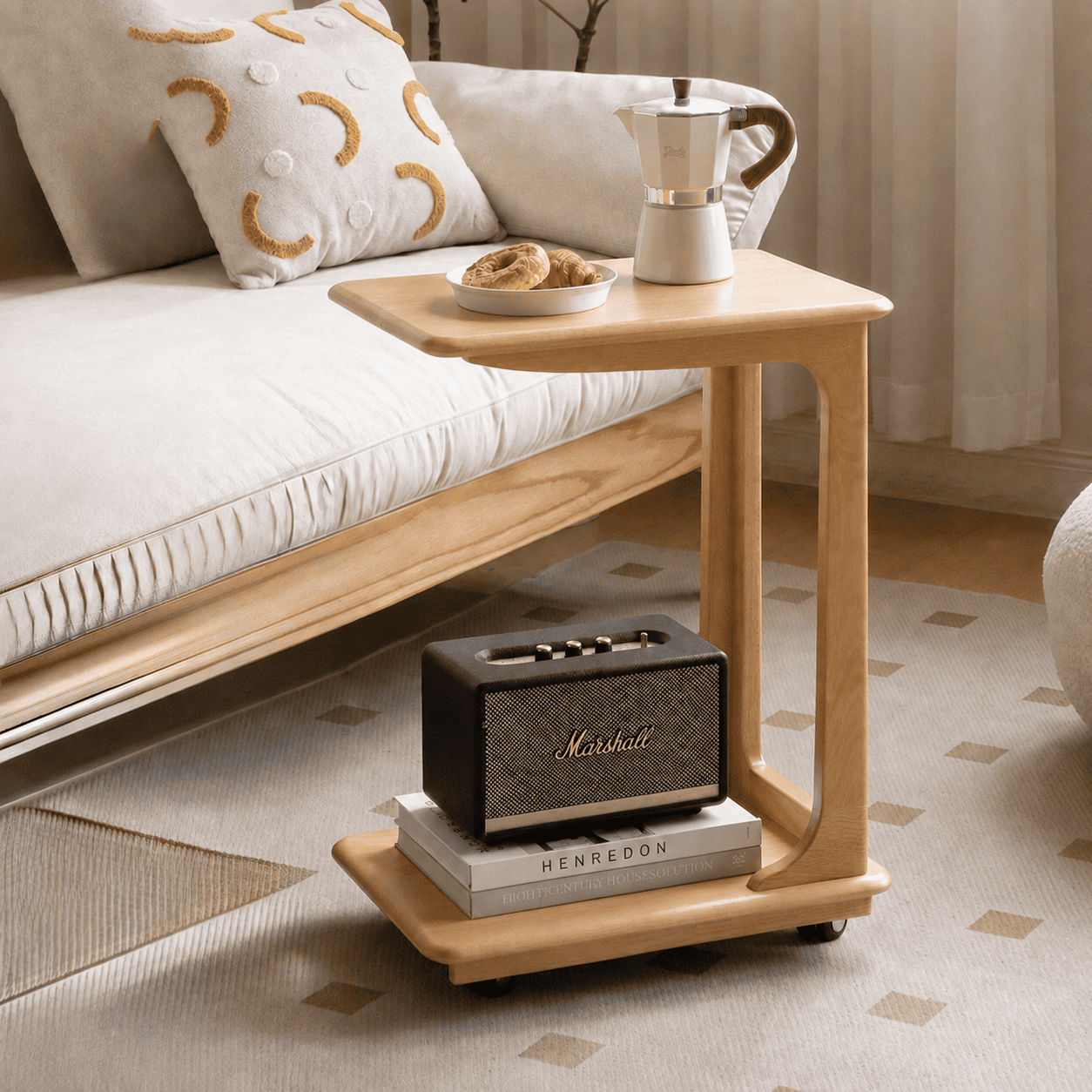 Pori Solid Beech Mobile C-Shaped Side Table