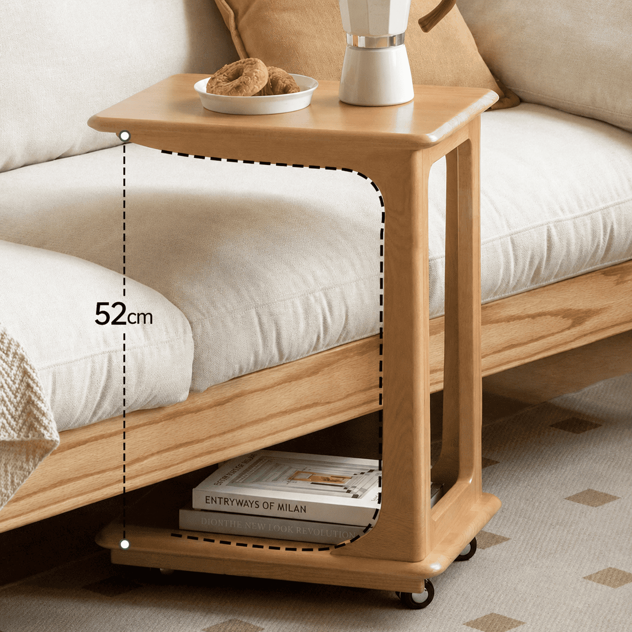 Compact wooden side table with wheels, open storage shelf, and minimalist design.