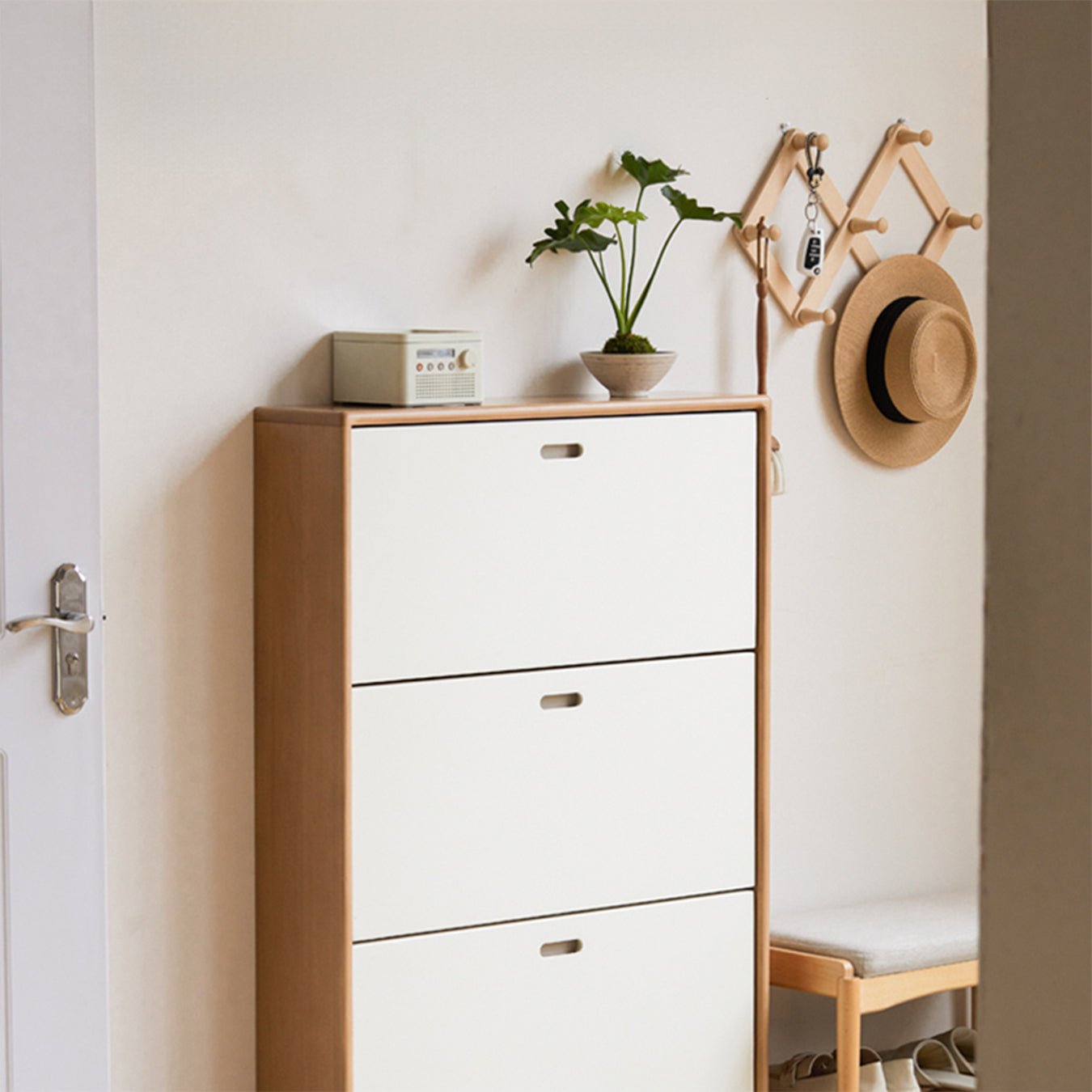 Porto Solid Tulip Poplar Flip - top Shoe Cabinet | Oak Furniture Store