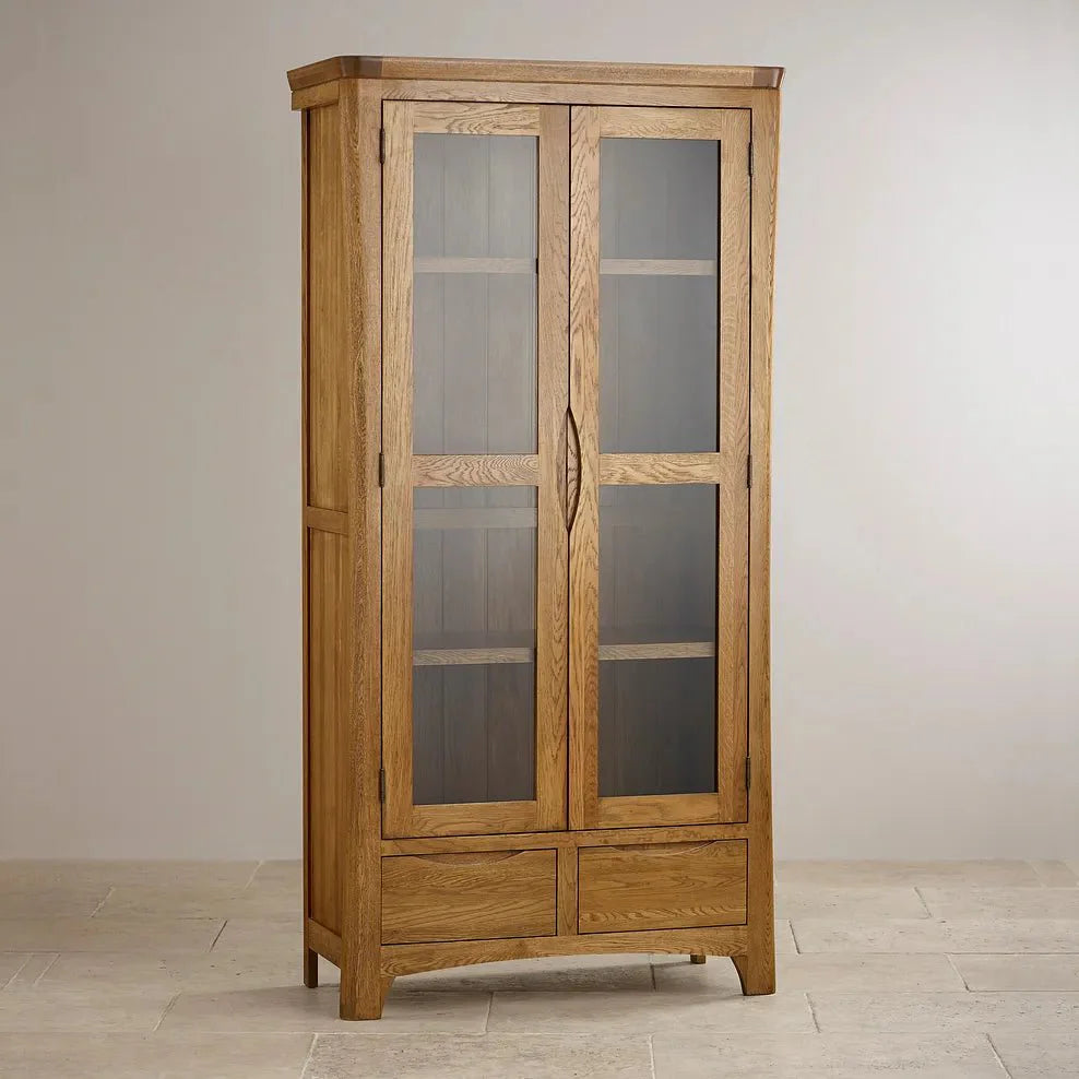 Renwick Rustic Solid Oak Glazed Display/Bookcase Cabinet - Oak Furniture Store