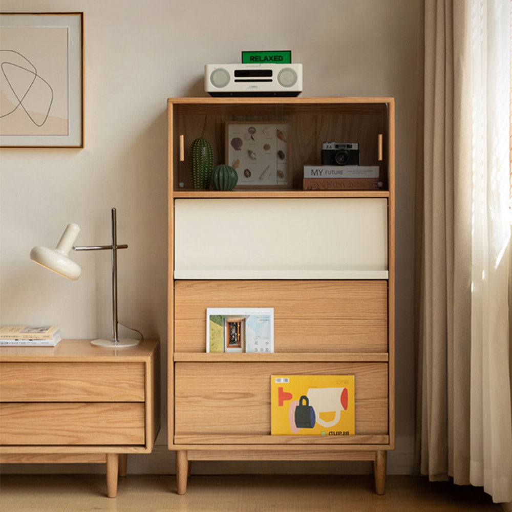 Ravenna solid oak side cabinet with white accents and mixed storage in a Japandi-inspired Kiwi interior