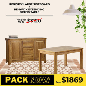 Renwick Rustic Solid Oak Dining Table and Large Sideboard Package - Oak Furniture Store