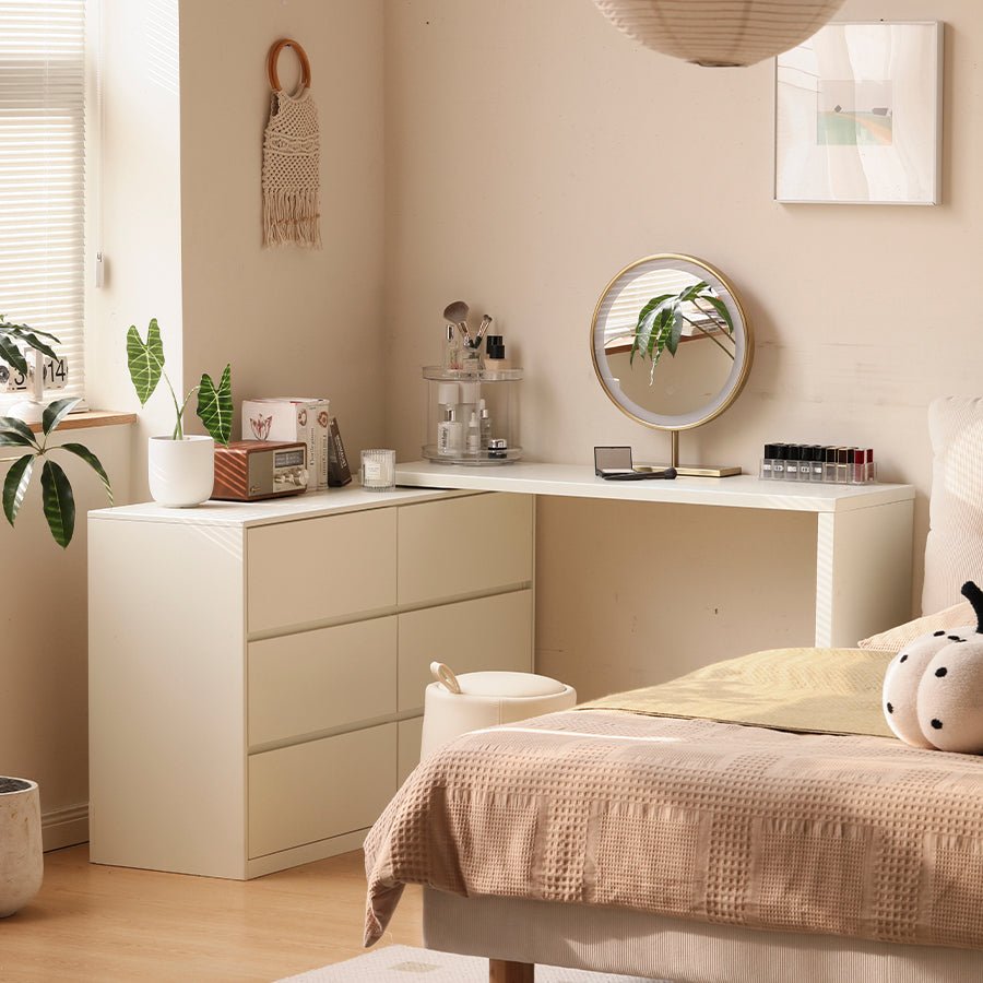 Roseland Cream Solid Rubber Wood Extending Turning Dressing Table with Chest of Drawers | Oak Furniture Store