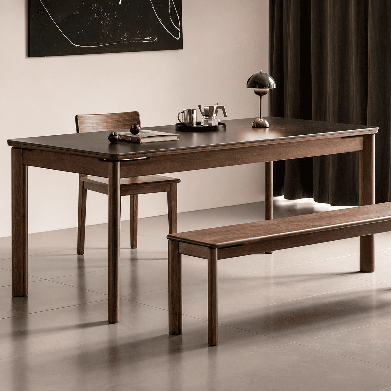 Natural walnut dining table with ceramic surface for family meals and everyday dining