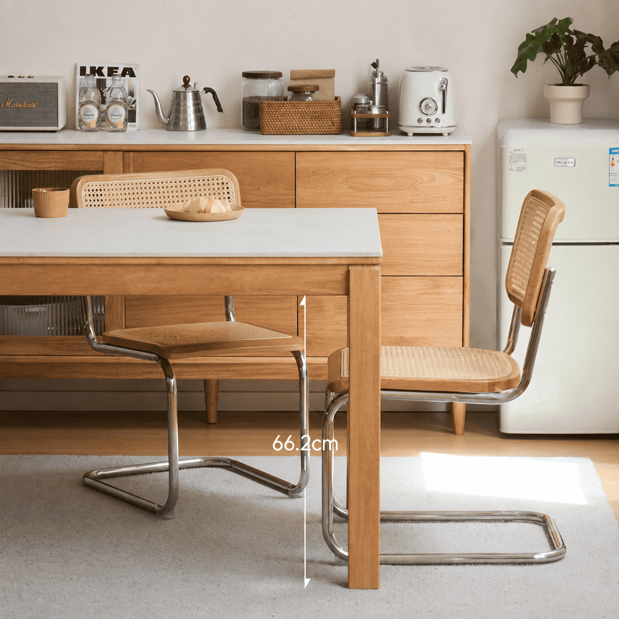 Rubber wood dining table with ceramic top in comfortable height