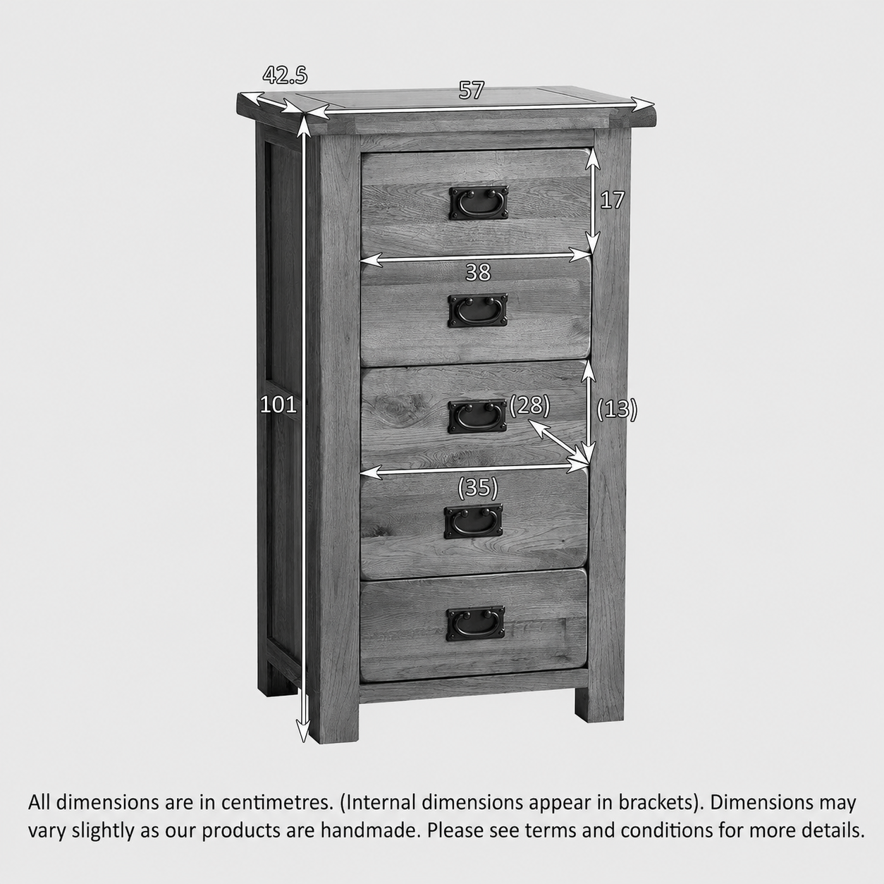 Rustic Country Solid Oak 5 Drawers Tallboy
