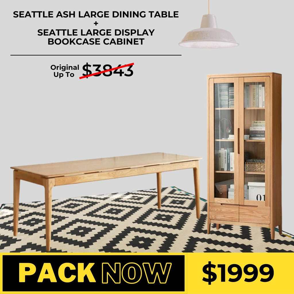 Seattle Solid Ash Dining Table and Oak Display Cabinet Package - Oak Furniture Store