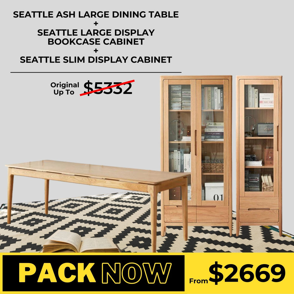 Seattle Solid Ash Dining Table and Oak Large and Slim Display Cabinet Package - Oak Furniture Store