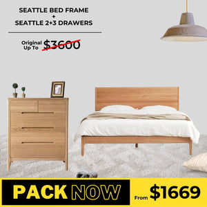 Seattle Solid Oak Bed Frame and 2+3 Chest of Drawers Package - Oak Furniture Store