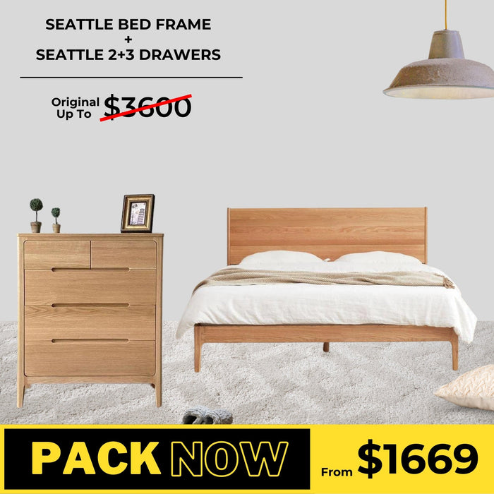 Seattle Solid Oak Bed Frame and 2+3 Chest of Drawers Package