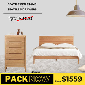 Seattle Solid Oak Bed Frame and Tall Boy Package - Oak Furniture Store