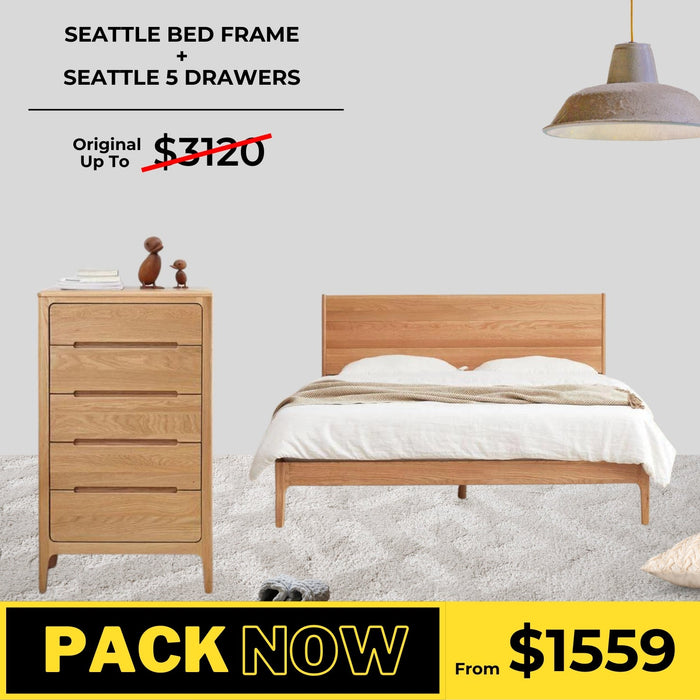 Seattle Solid Oak Bed Frame and Tall Boy Package