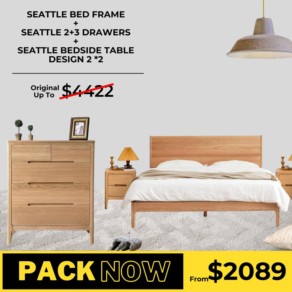 Seattle Solid Oak Bed Frame, Bedside Table Design 2, and 2+3 Drawer Chest Package - Oak Furniture Store