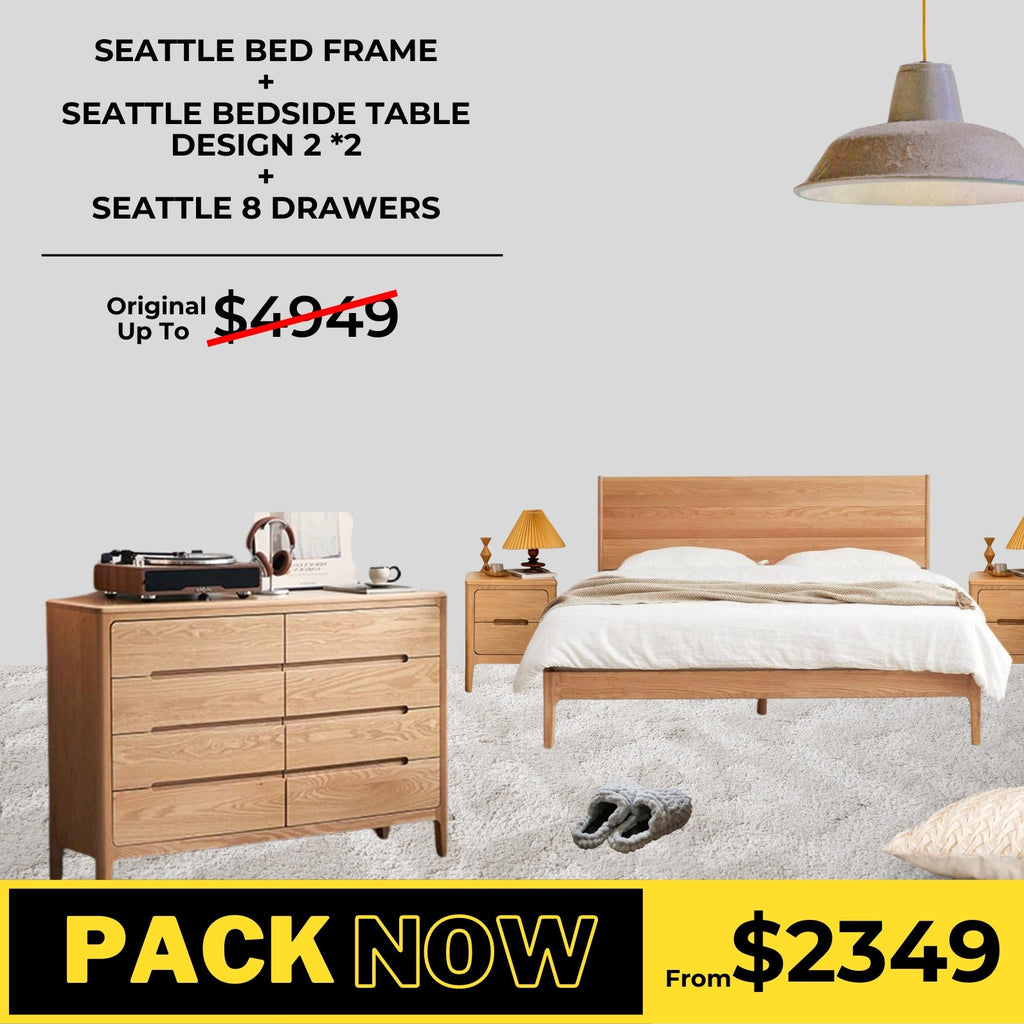 Seattle Solid Oak Bed Frame, Bedside Table Design 2, and Chest of 8 Drawers Package - Oak Furniture Store