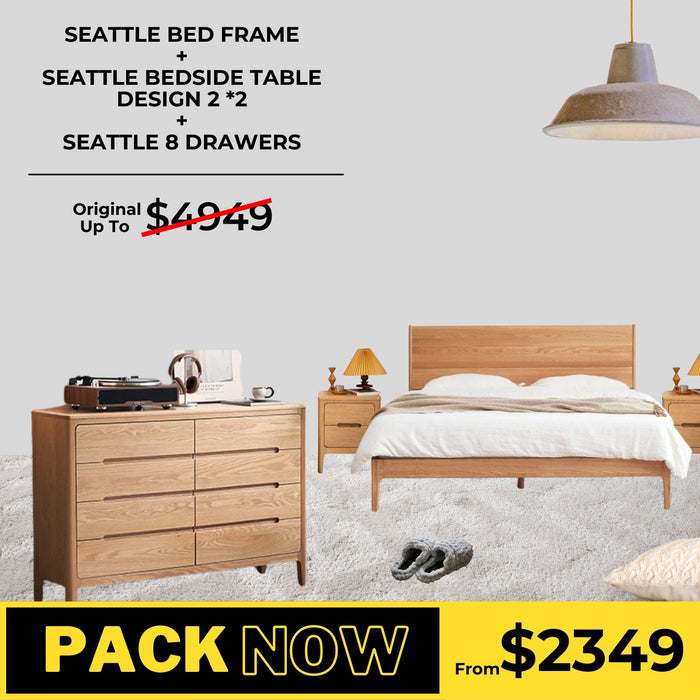 Seattle Solid Oak Bed Frame, Bedside Table Design 2, and Chest of 8 Drawers Package