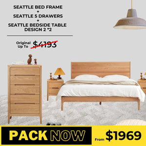 Seattle Solid Oak Bed Frame, Bedside Table Design 2, and Tall Boy Package - Oak Furniture Store