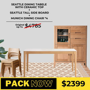 Seattle Solid Oak Dining Table, Tall Sideboard, and Munich Dining Chair Package - Oak Furniture Store