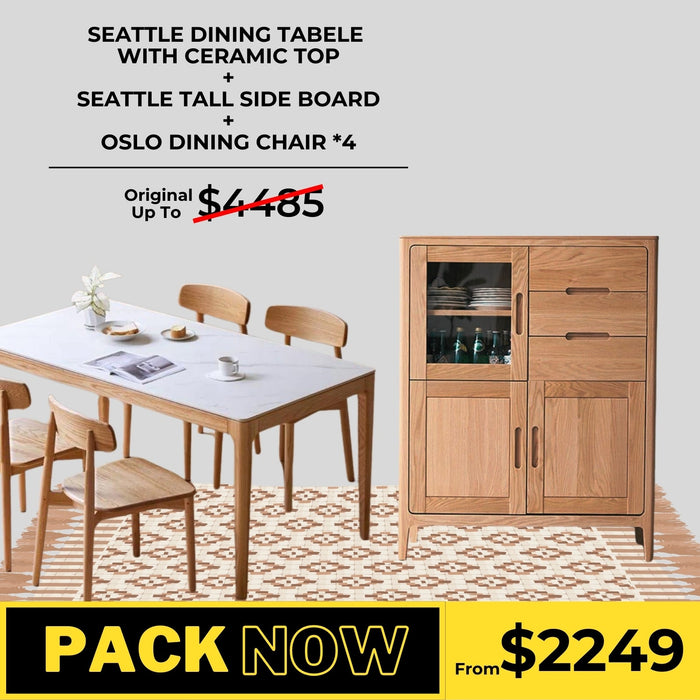 Seattle Solid Oak Dining Table, Tall Sideboard and Oslo Chair Package