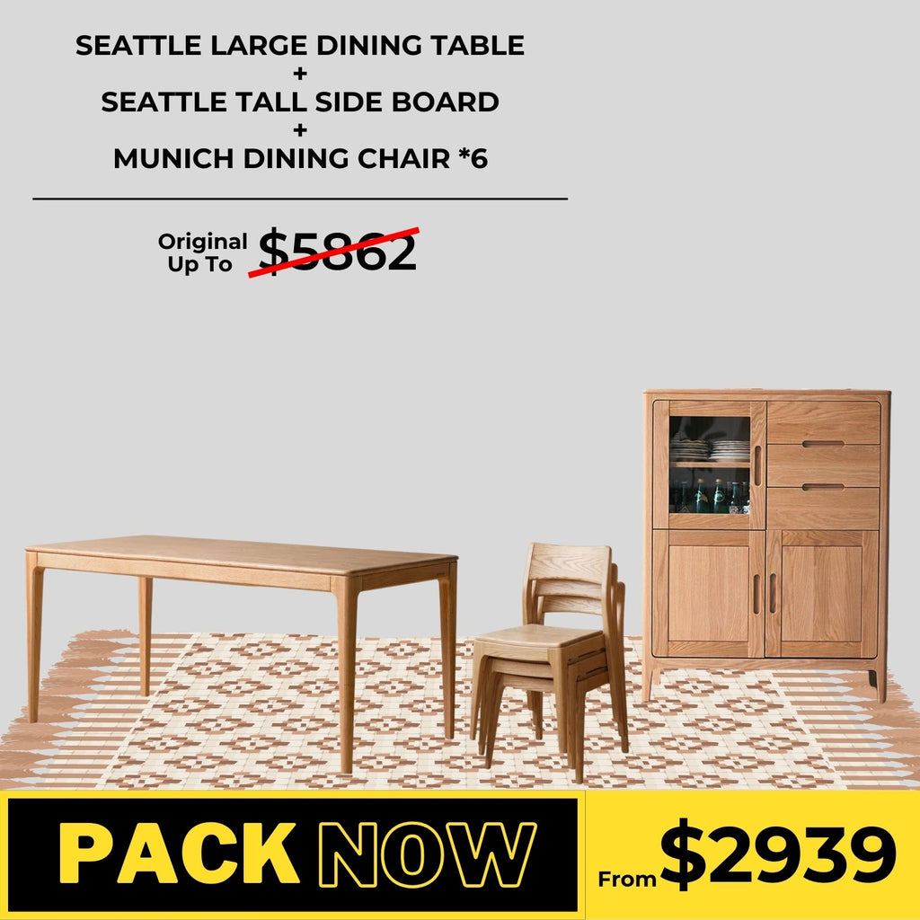 Seattle Solid Oak Large Dining Table, Tall Sideboard, and Munich Dining Chair Package - Oak Furniture Store